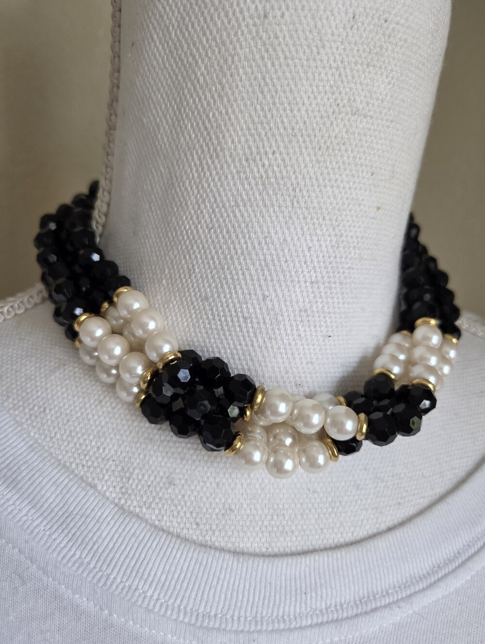 vintage 3 strand faux pearl black crystal bead choker necklace gold tone retro